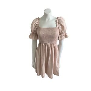 Cream and tan mini dress with puffy‎ sleeves and smocked waist